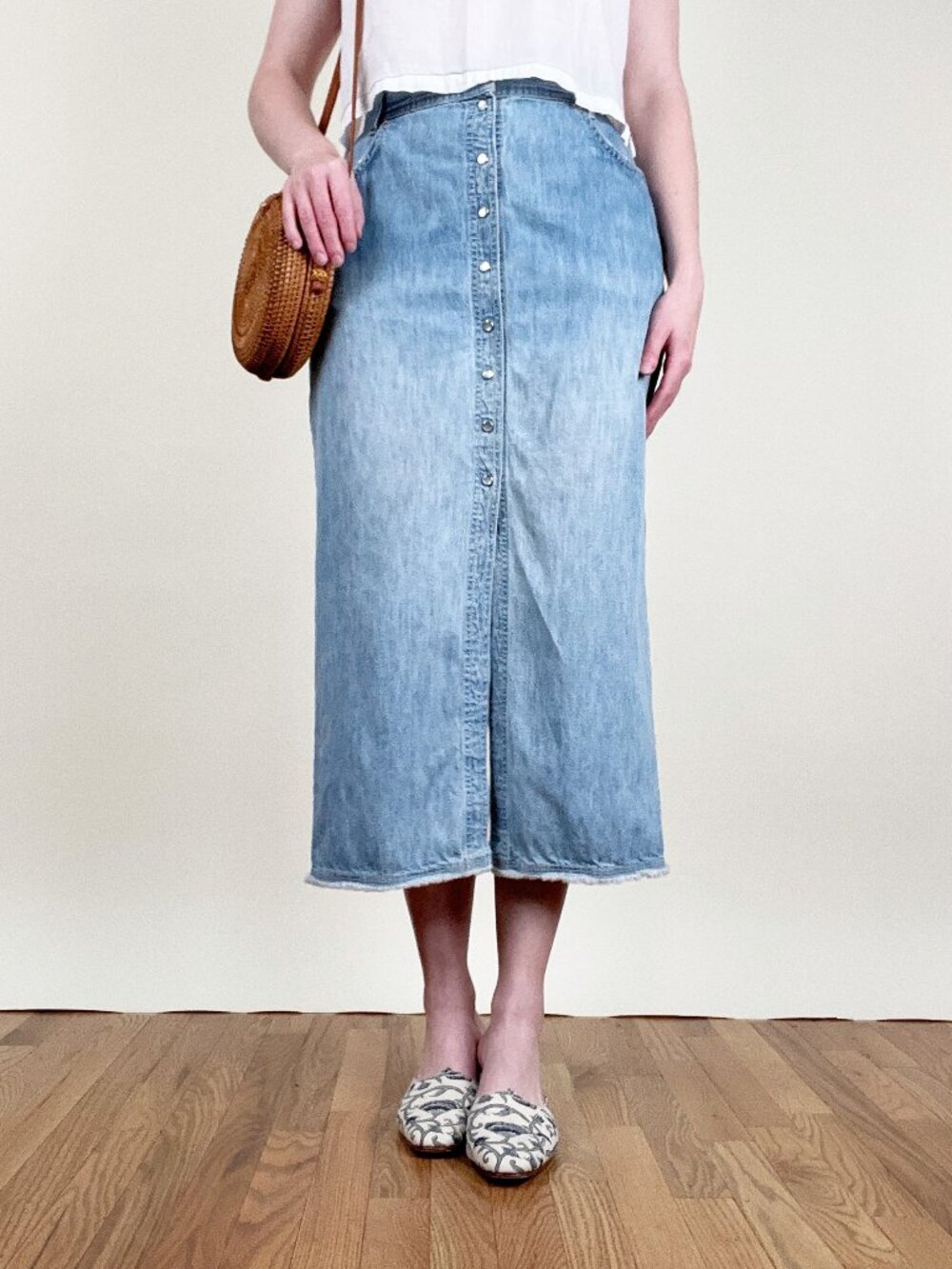 Vintage 90s Y2K Denim Jean Maxi Skirt Column Straight Button Down From High Rise